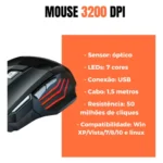 Mouse Gamer Para Jogo 3.200 Dpi Óptico Com Led Rgb Usb 7 Botões 4 Velocidades Dpi Ergométrico Casenn Preto - Miniatura 4