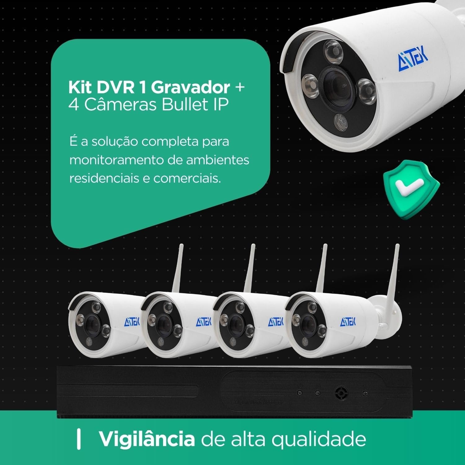 KIT NVR Gravador Digital de Vídeo 720p HDMI/VGA + 4 Câmeras Bullet 720P IP Aitek - Miniatura 3